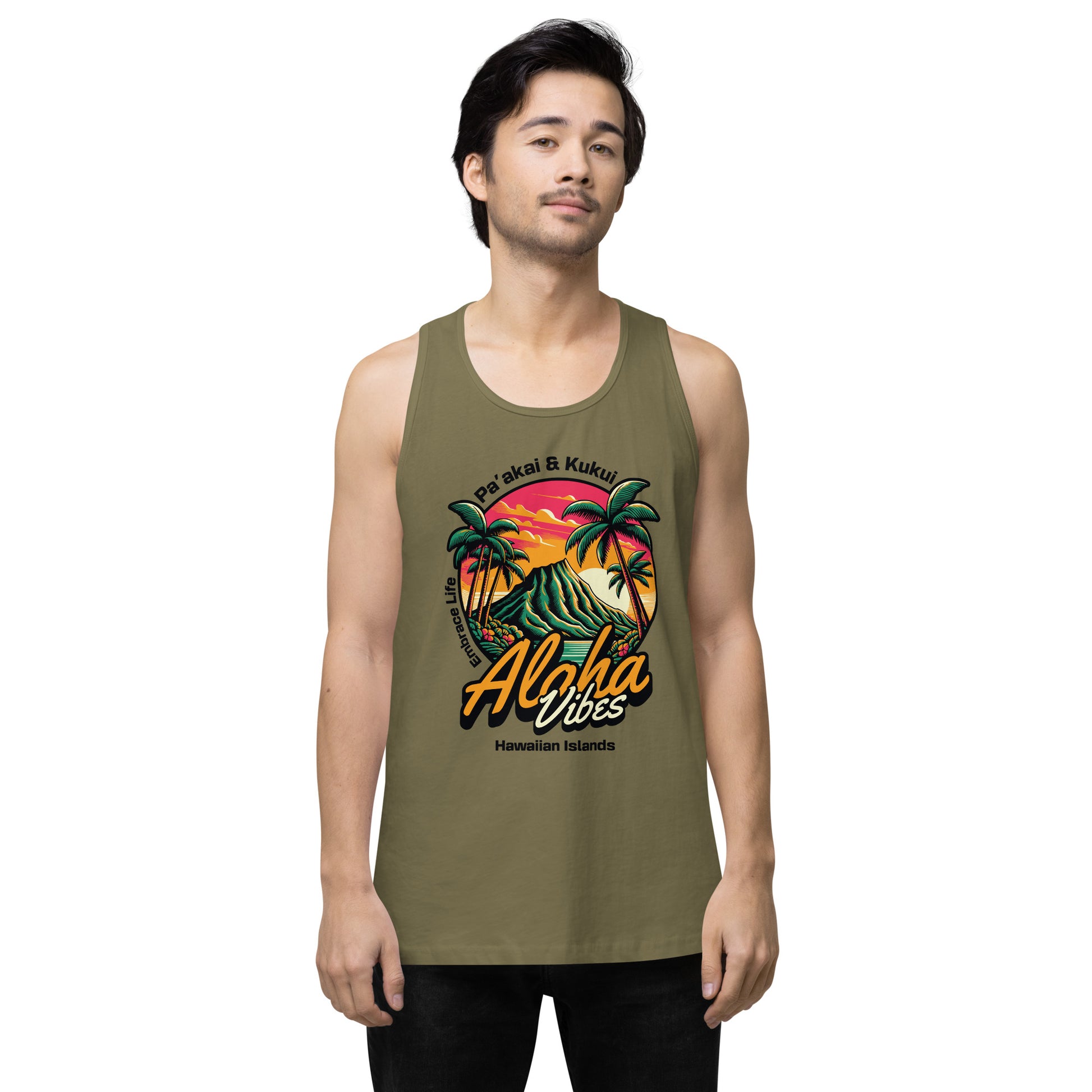 Aloha Vibes Men’s premium tank top Tank Top Pa'akai & Kukui Military Green S