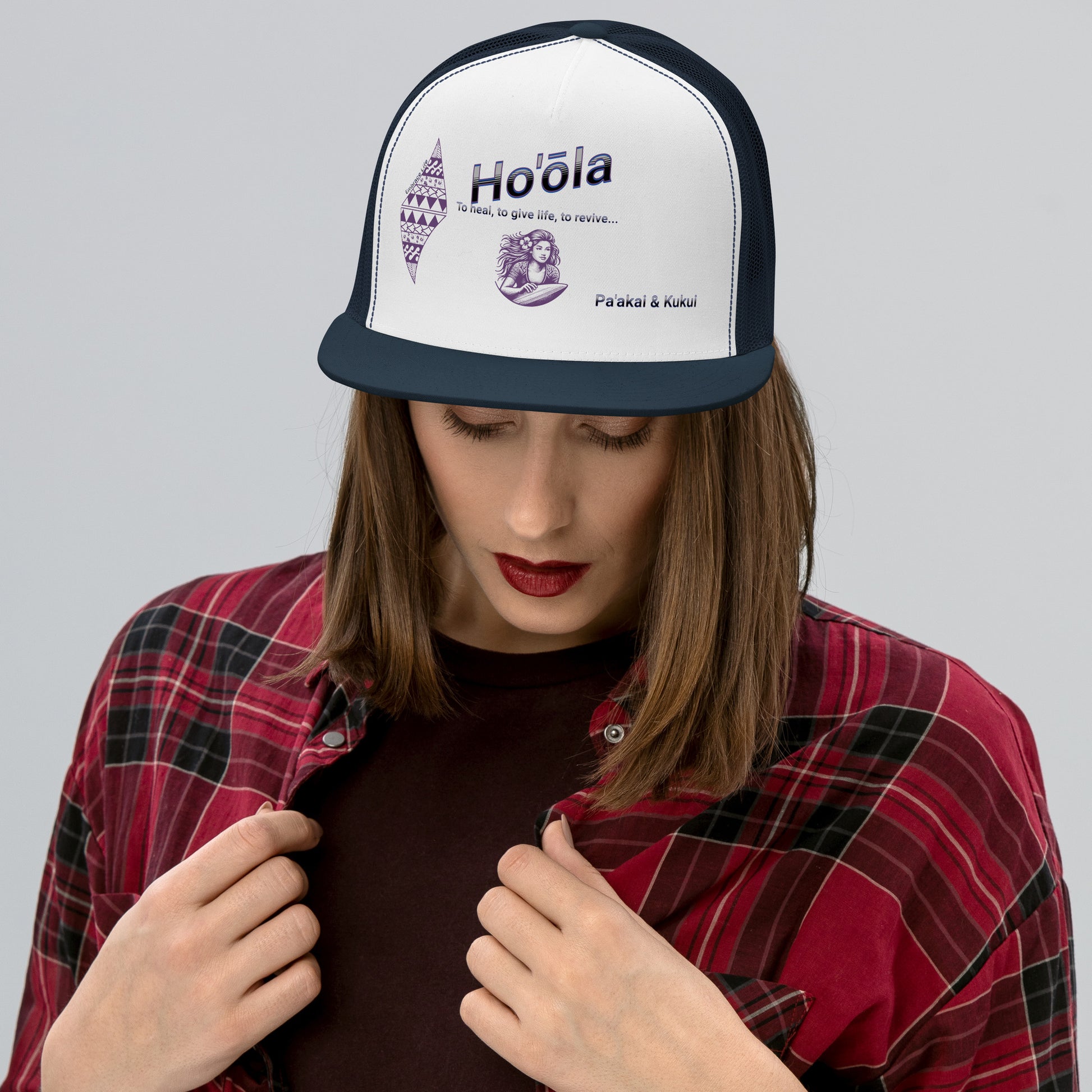 Ho'ōla... To Give Life, To Heal, To Revive - Womens Trucker Cap Trucker Hat Pa'akai & Kukui Navy/ White/ Navy
