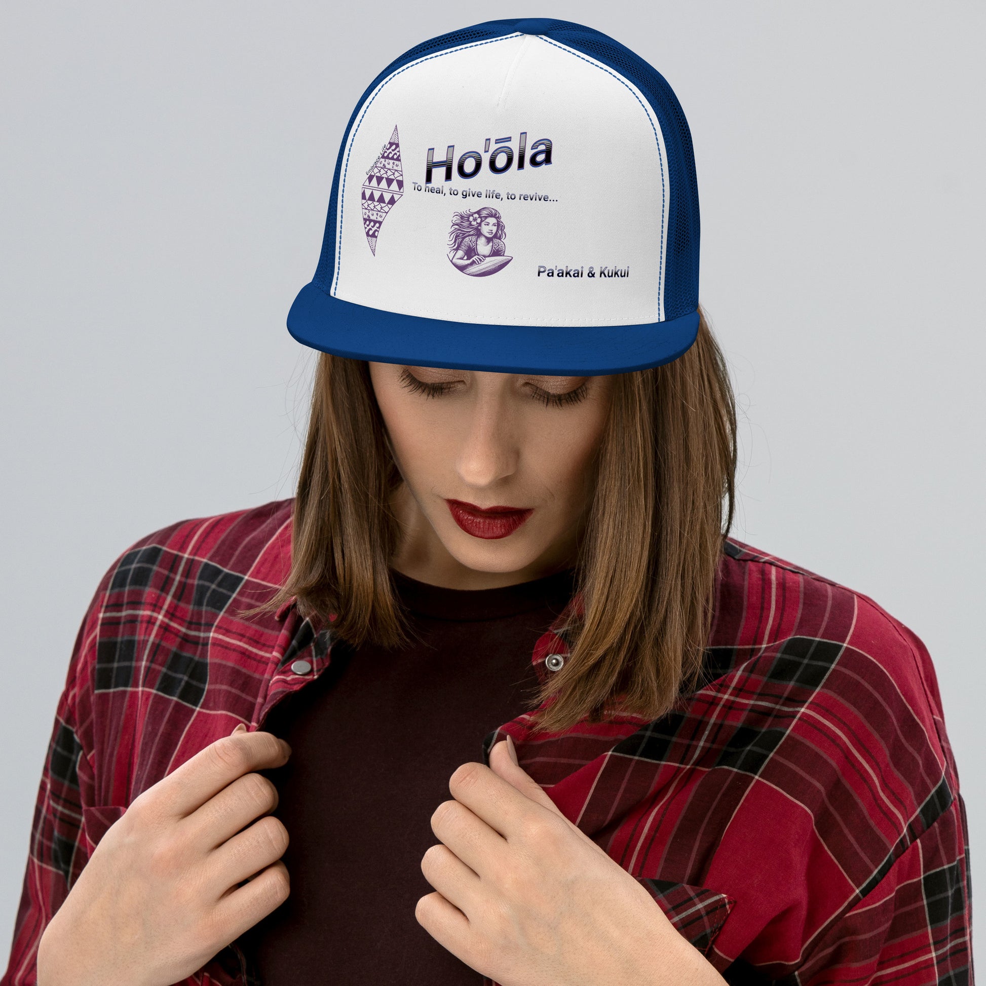 Ho'ōla... To Give Life, To Heal, To Revive - Womens Trucker Cap Trucker Hat Pa'akai & Kukui Royal/ White/ Royal