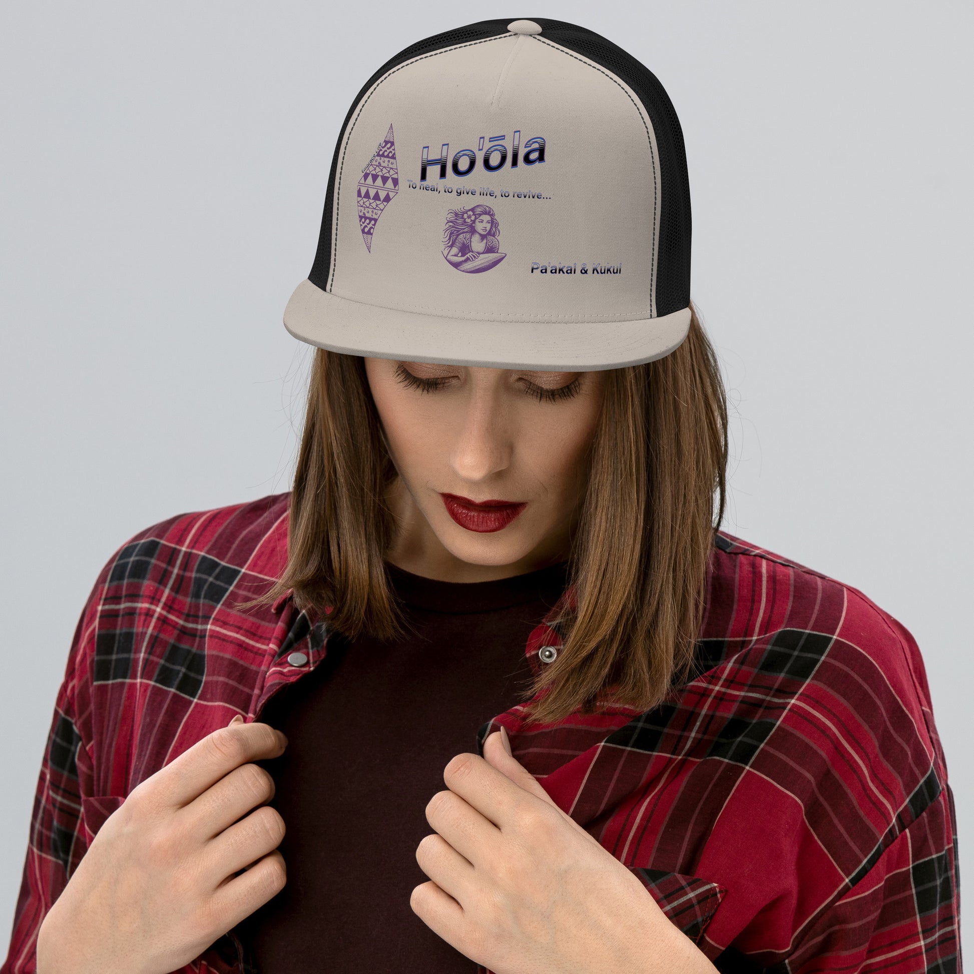 Ho'ōla... To Give Life, To Heal, To Revive - Womens Trucker Cap Trucker Hat Pa'akai & Kukui Silver/ Black