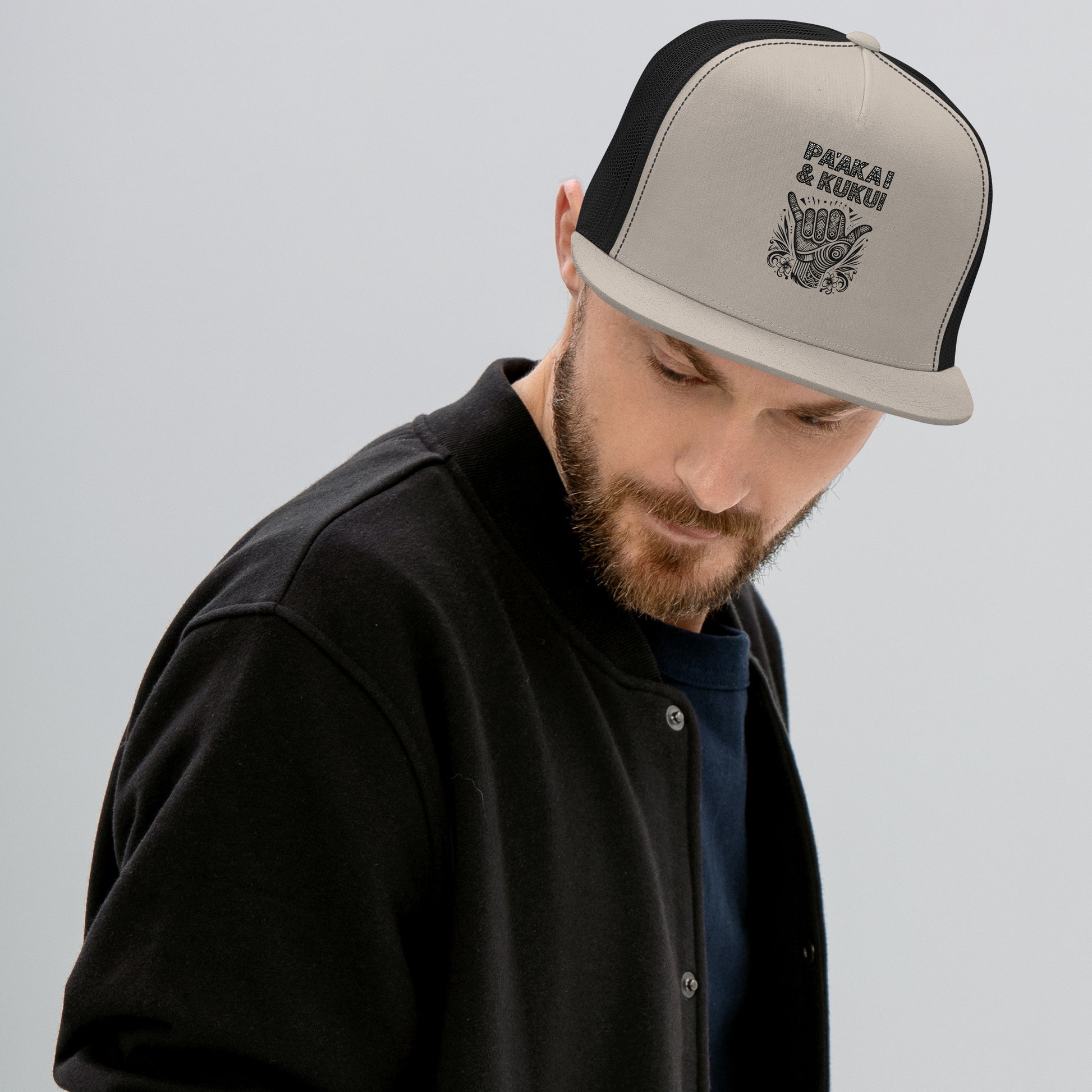 Tribal Shaka Trucker Cap Trucker Hat Pa'akai & Kukui Silver/ Black