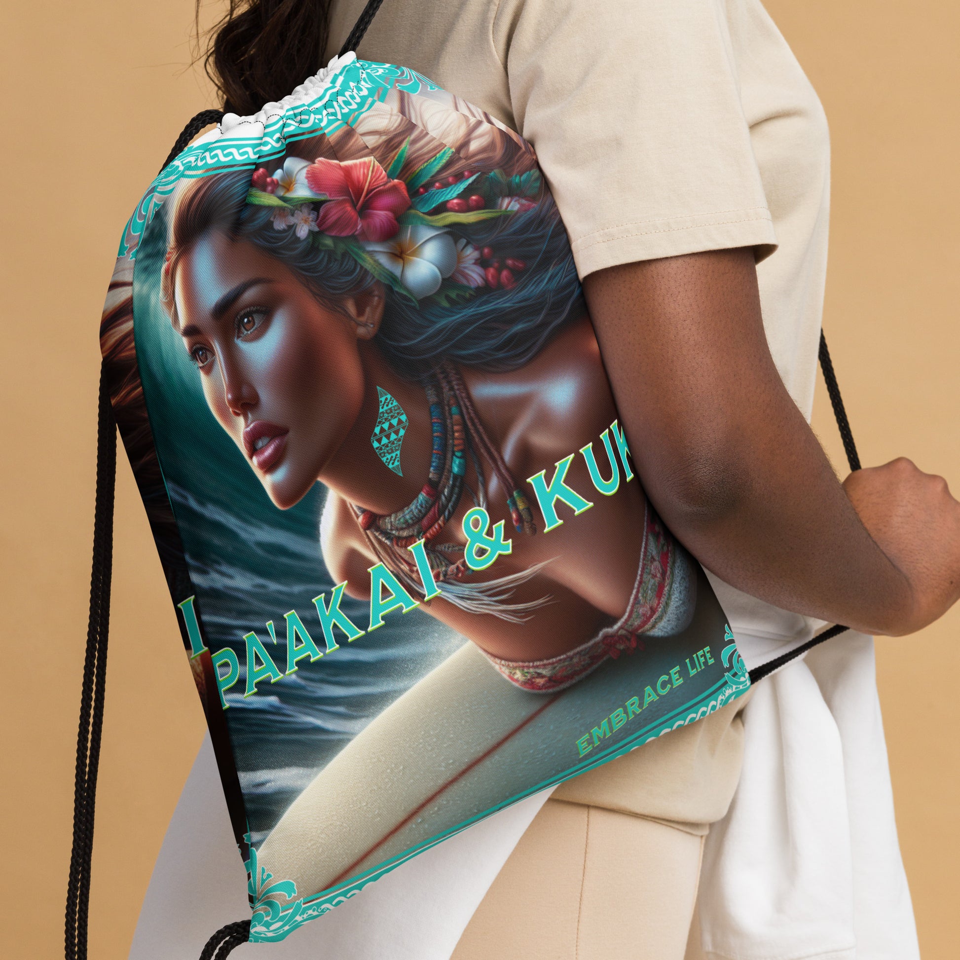 Hawaiian Surfer Chic Drawstring bag Drawstring Bag Pa'akai & Kukui