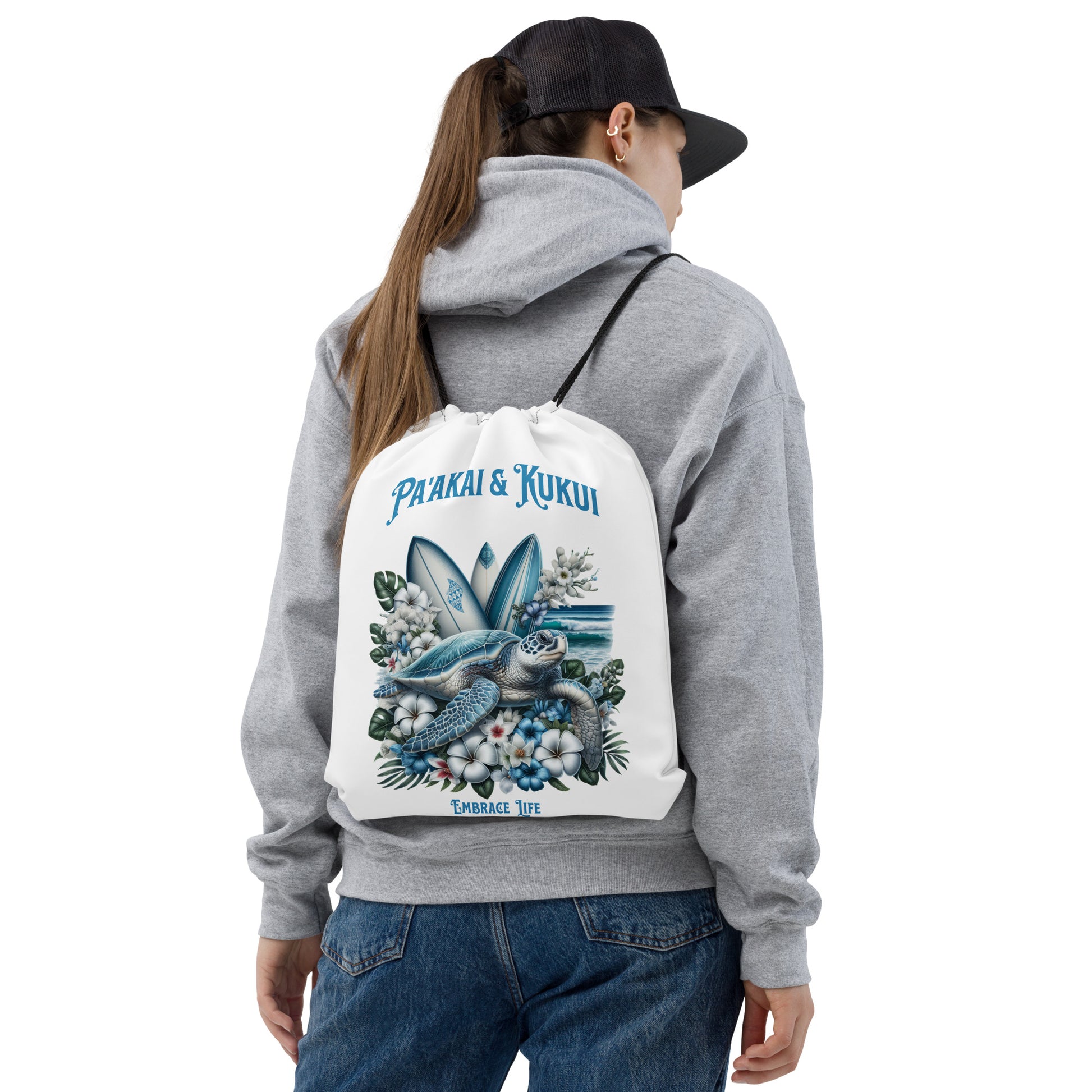 Blue Sea Turtle Drawstring bag Drawstring Bag Pa'akai & Kukui
