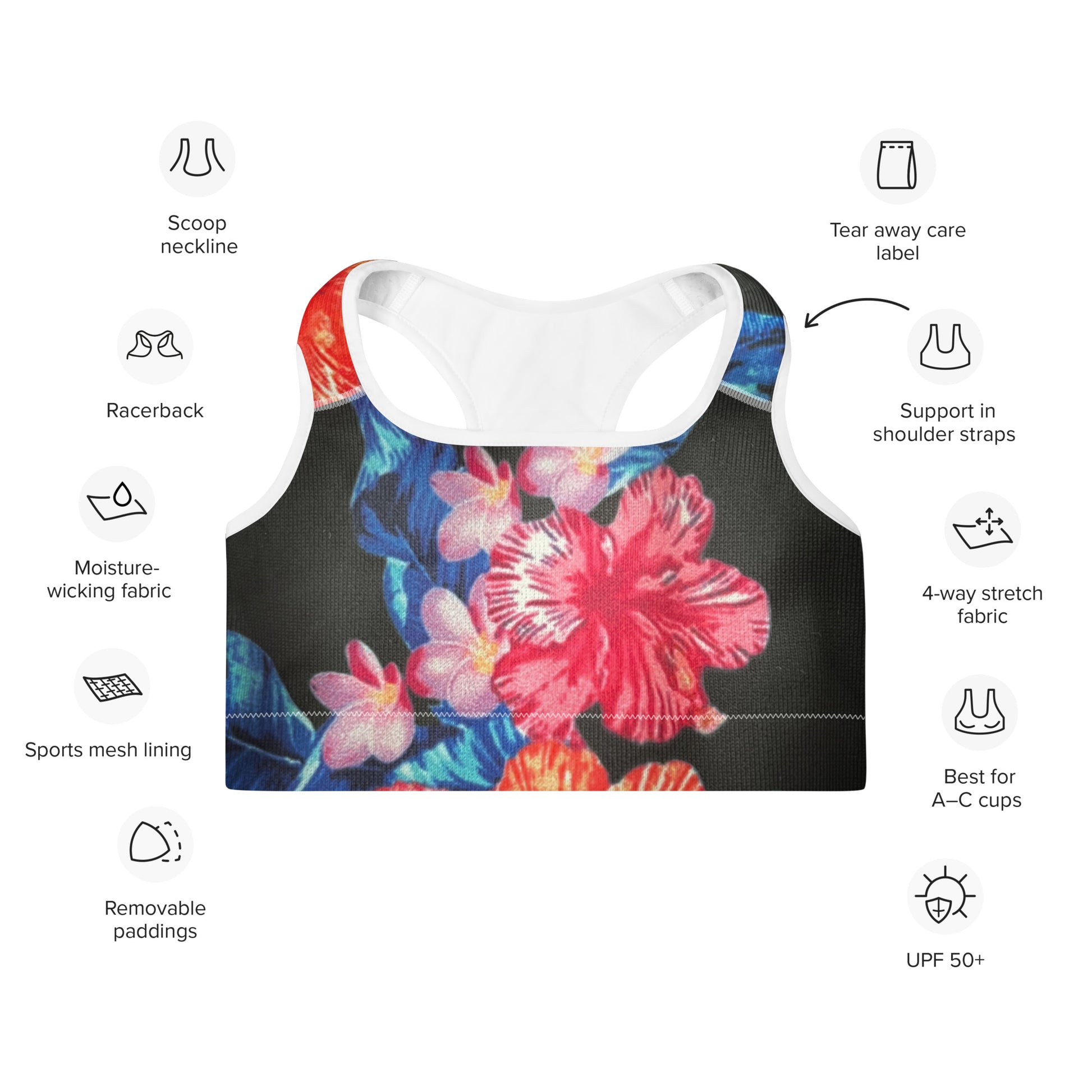 Ho'ōla (To Give Life, To Heal, To Revive) - Floral Padded Sports Bra Sports Bra Pa'akai & Kukui
