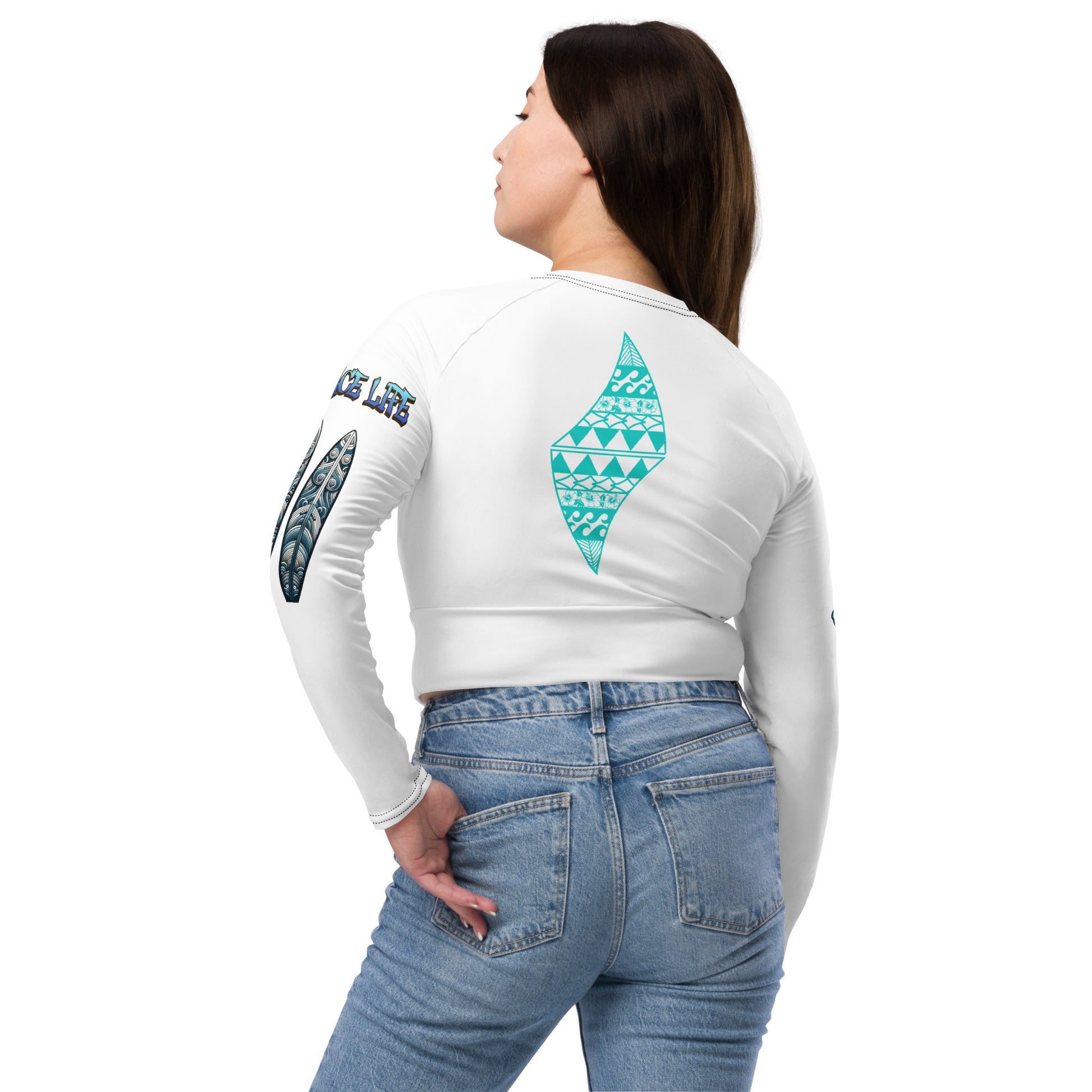 Aloha Vibes (Teal) Recycled long-sleeve crop top Crop Top Pa'akai & Kukui