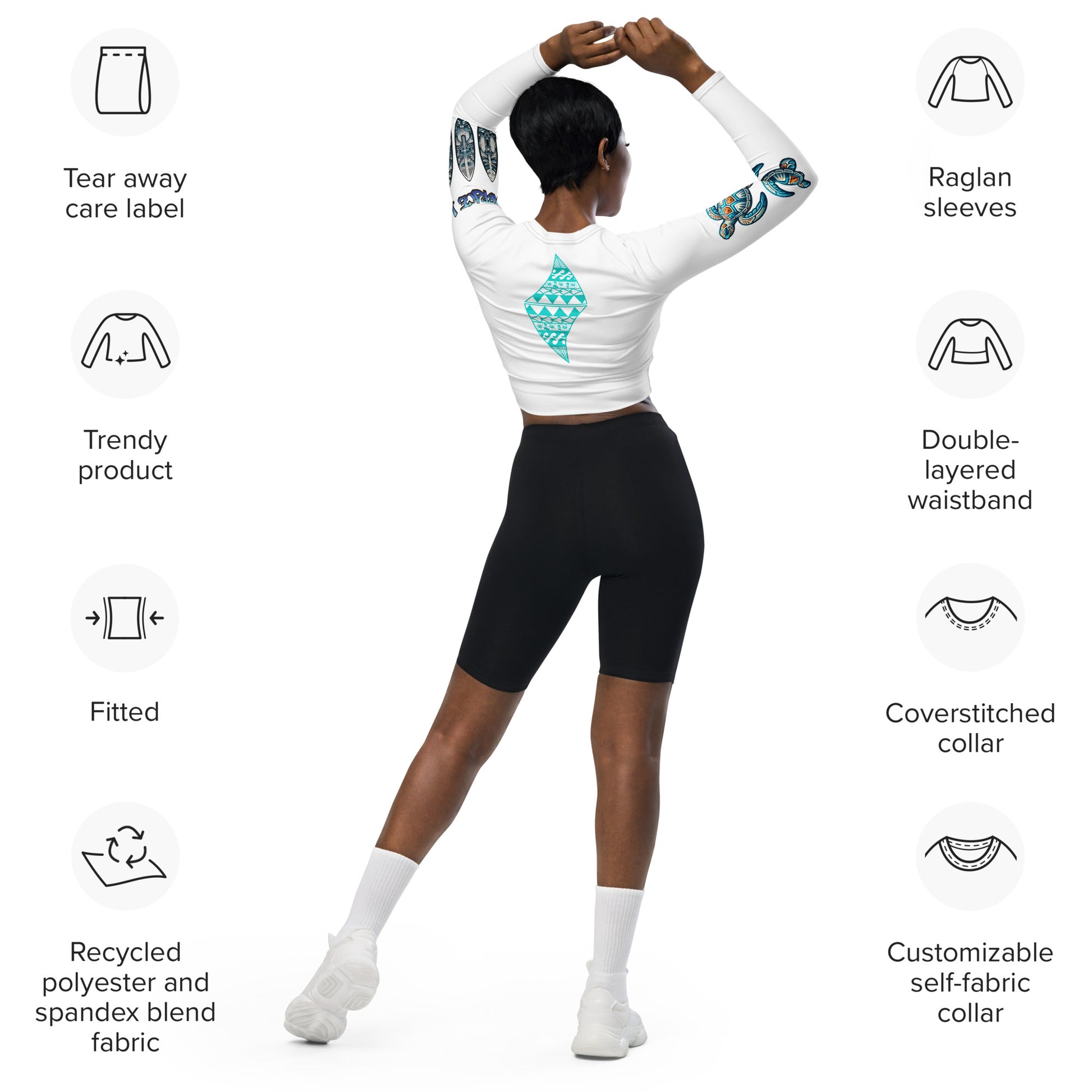 Aloha Vibes (Teal) Recycled long-sleeve crop top Crop Top Pa'akai & Kukui