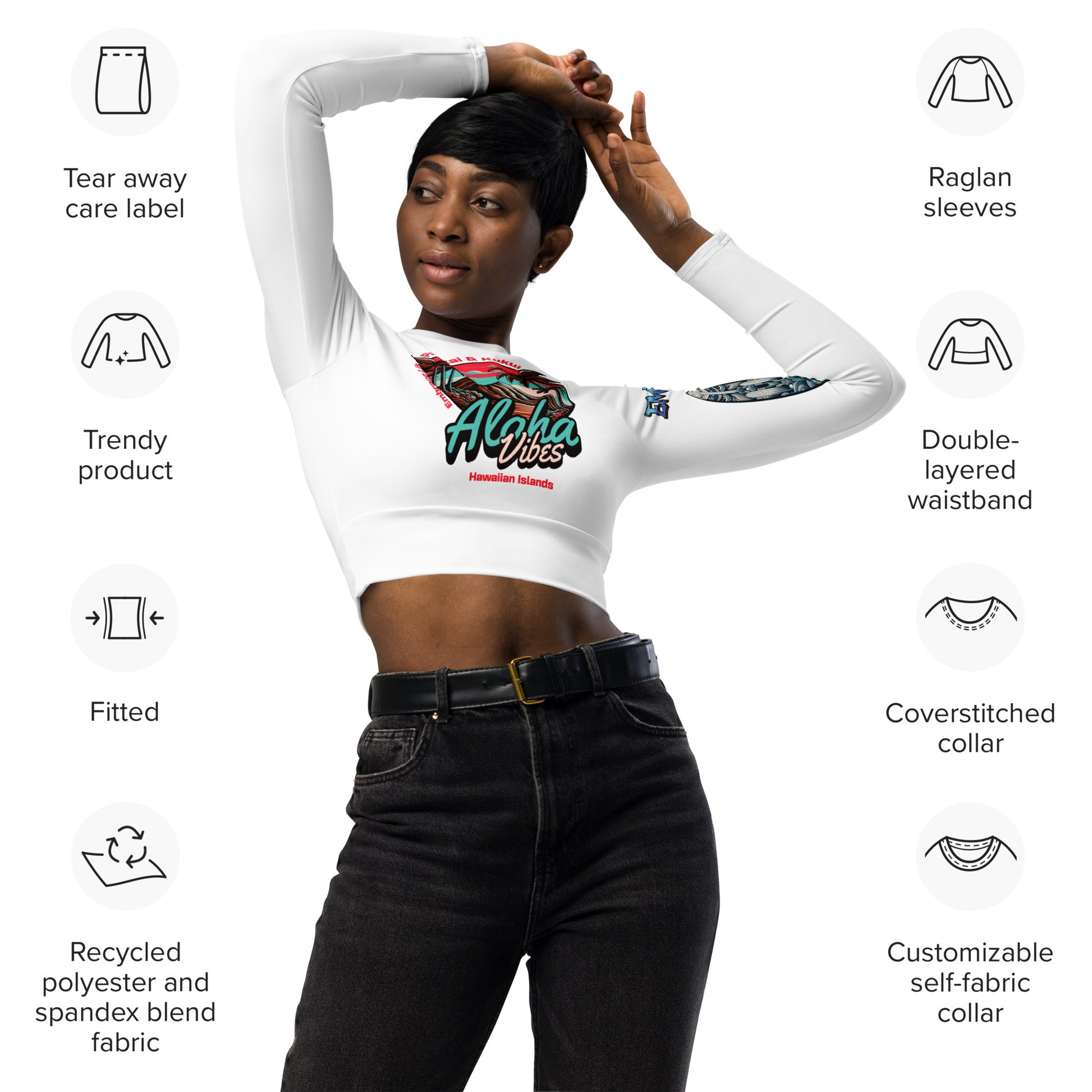 Aloha Vibes (Teal) Recycled long-sleeve crop top Crop Top Pa'akai & Kukui