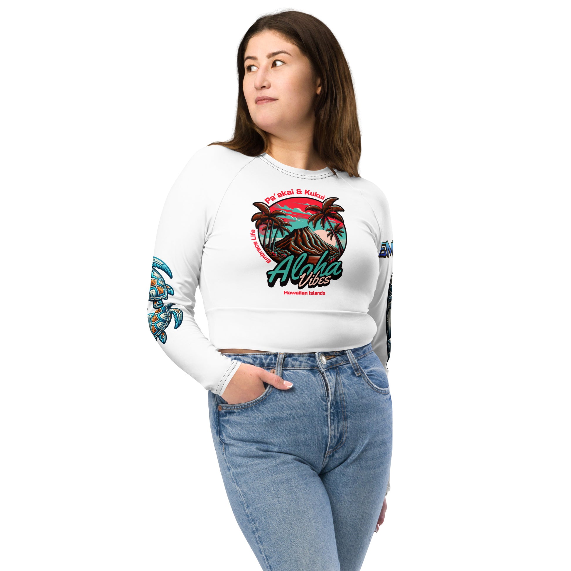 Aloha Vibes (Teal) Recycled long-sleeve crop top Crop Top Pa'akai & Kukui