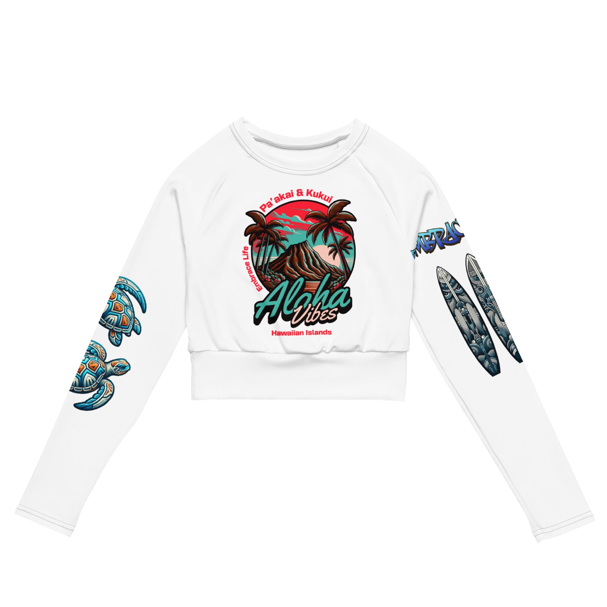 Aloha Vibes (Teal) Recycled long-sleeve crop top Crop Top Pa'akai & Kukui