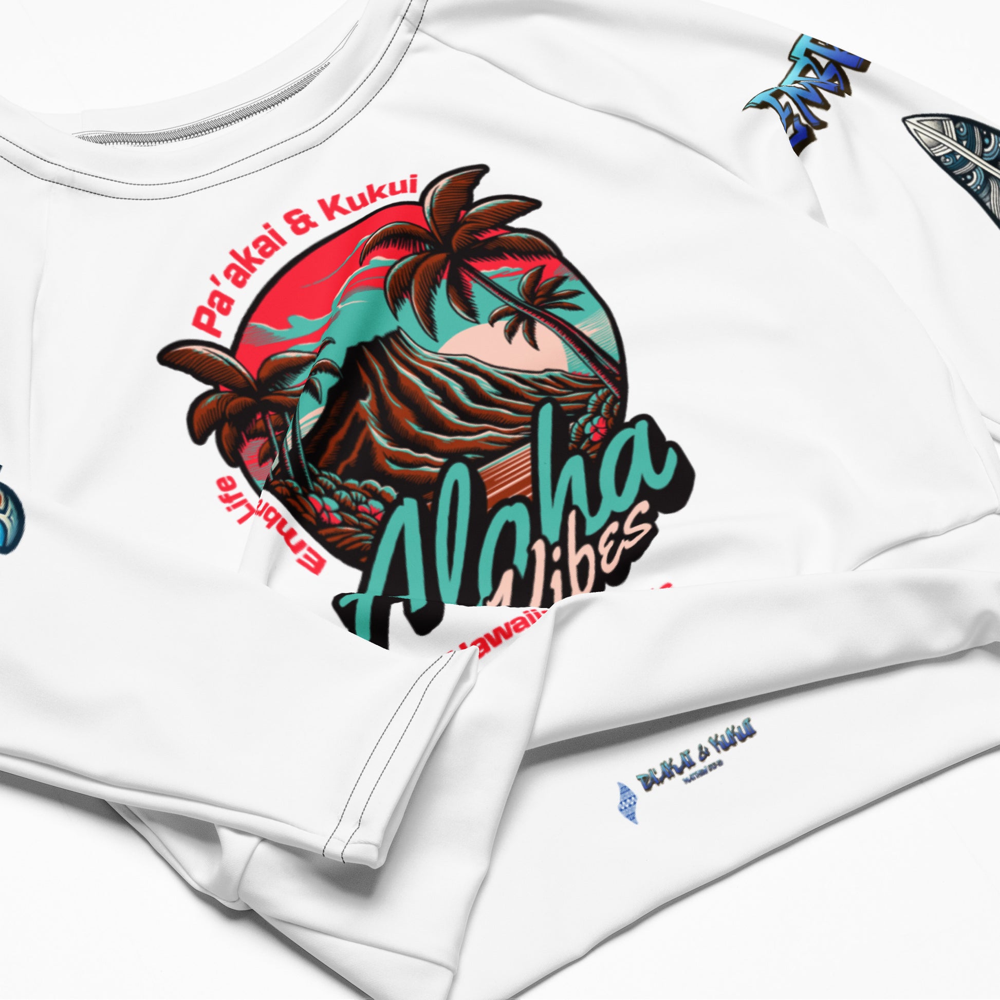 Aloha Vibes (Teal) Recycled long-sleeve crop top Crop Top Pa'akai & Kukui