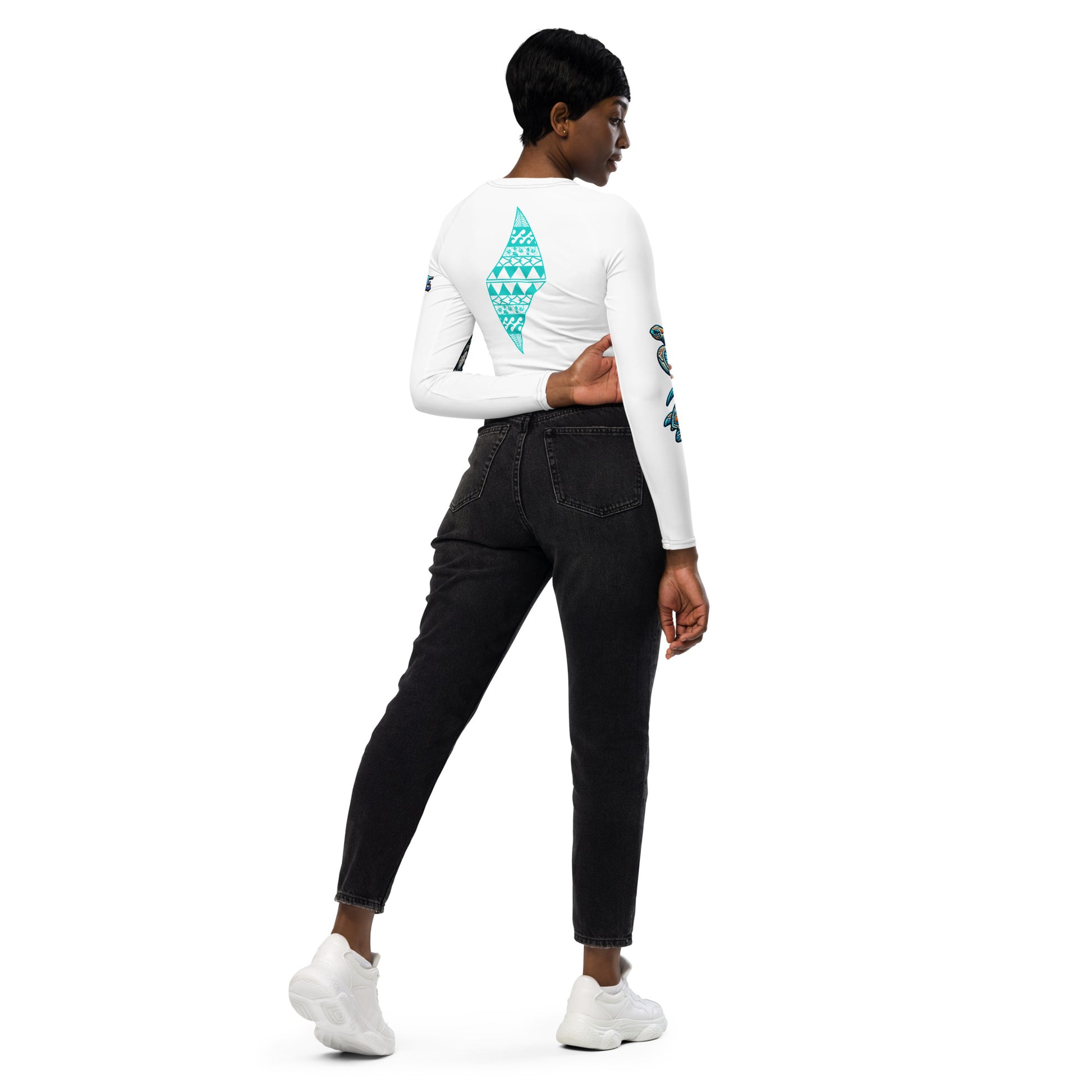 Aloha Vibes (Teal) Recycled long-sleeve crop top Crop Top Pa'akai & Kukui