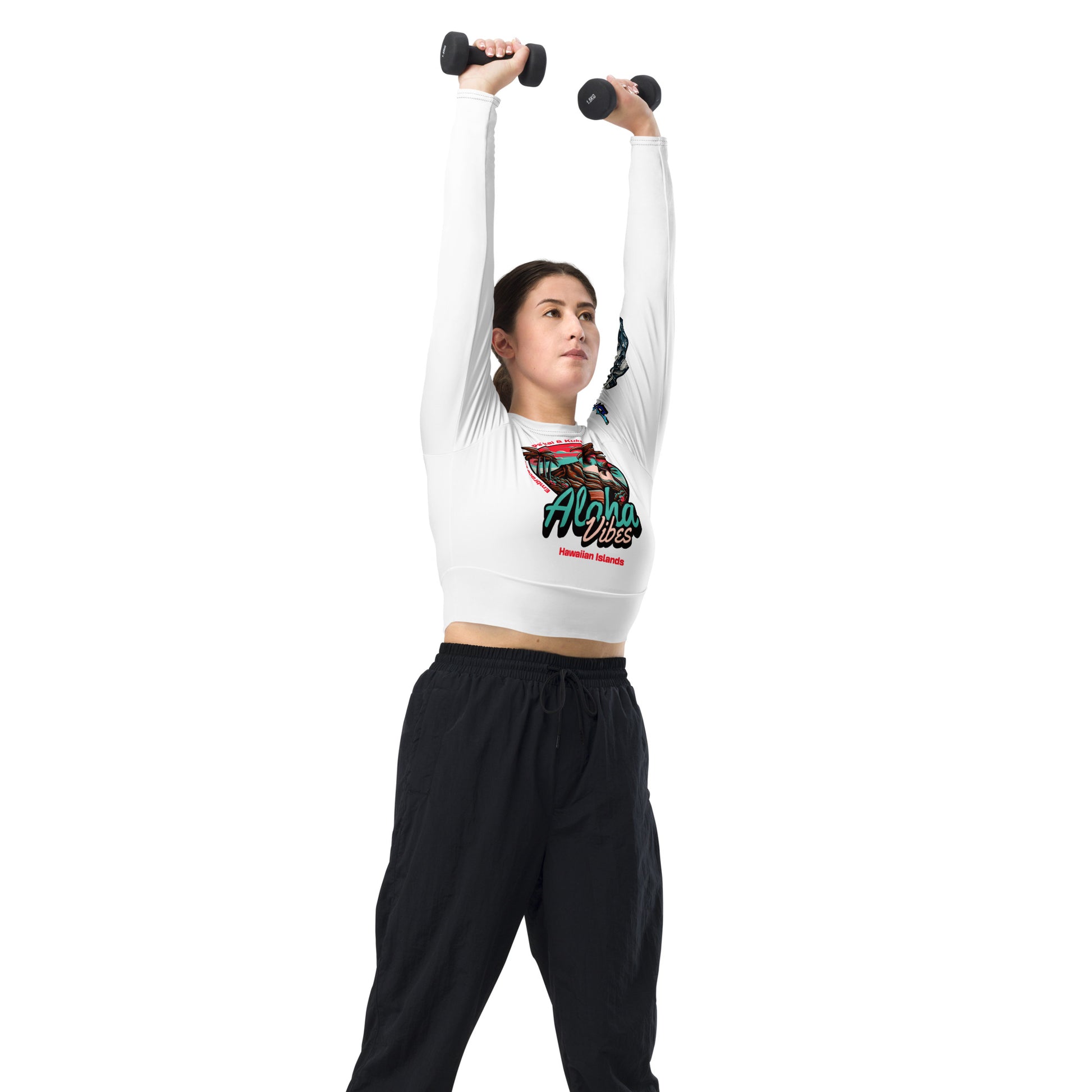 Aloha Vibes (Teal) Recycled long-sleeve crop top Crop Top Pa'akai & Kukui