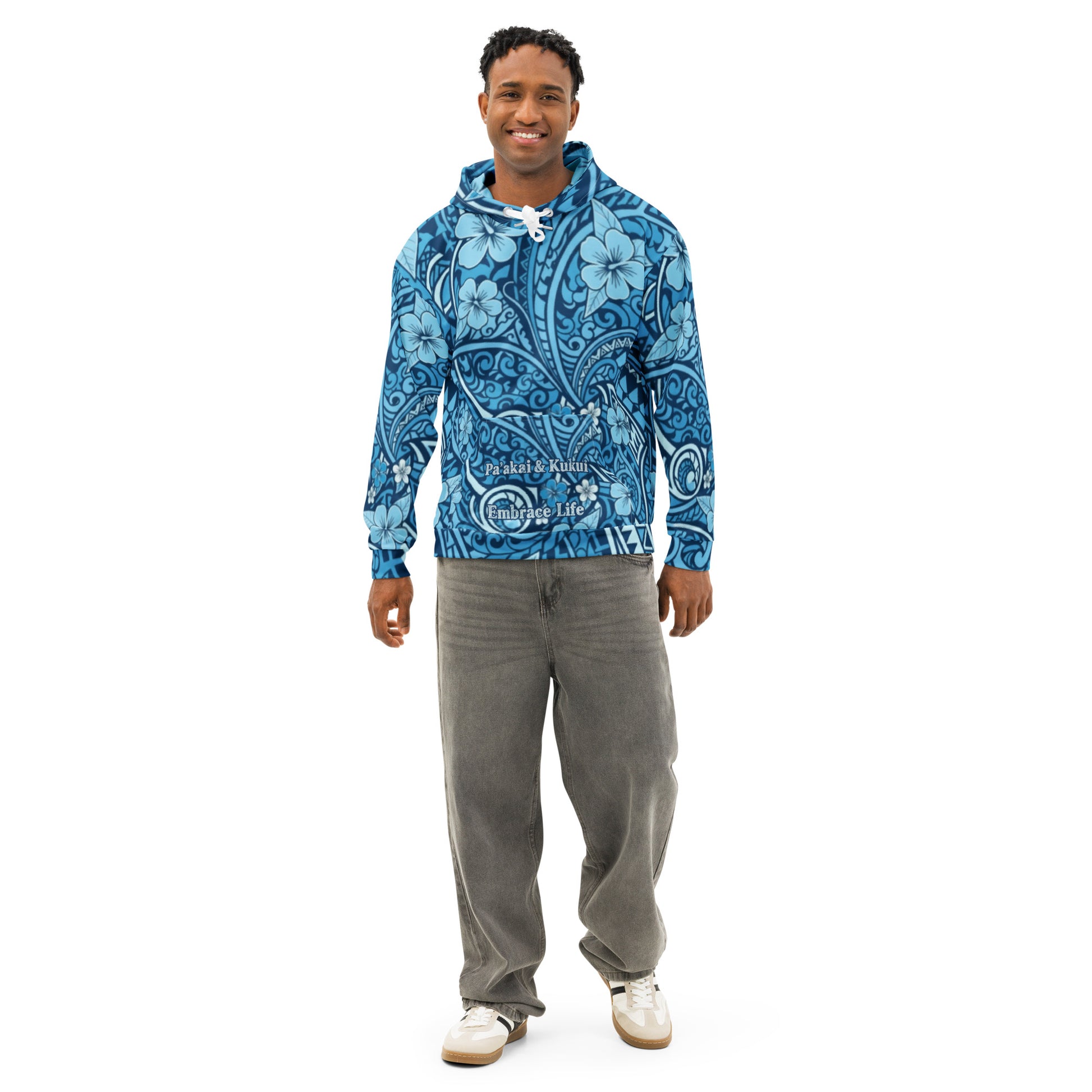 'Uliuli Lāhui (Tribal Blue) cotton hoodie Pullover Hoodie Pa'akai & Kukui