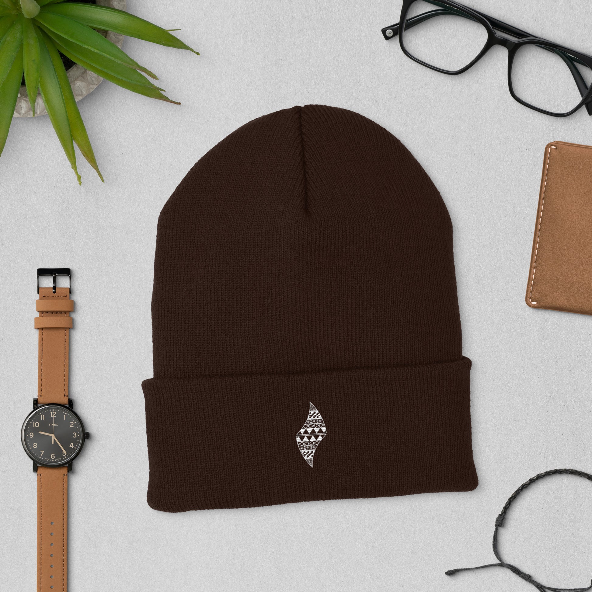 Pa'akai& Kukui Logo (white) Cuffed Beanie Beanie Pa'akai & Kukui Brown