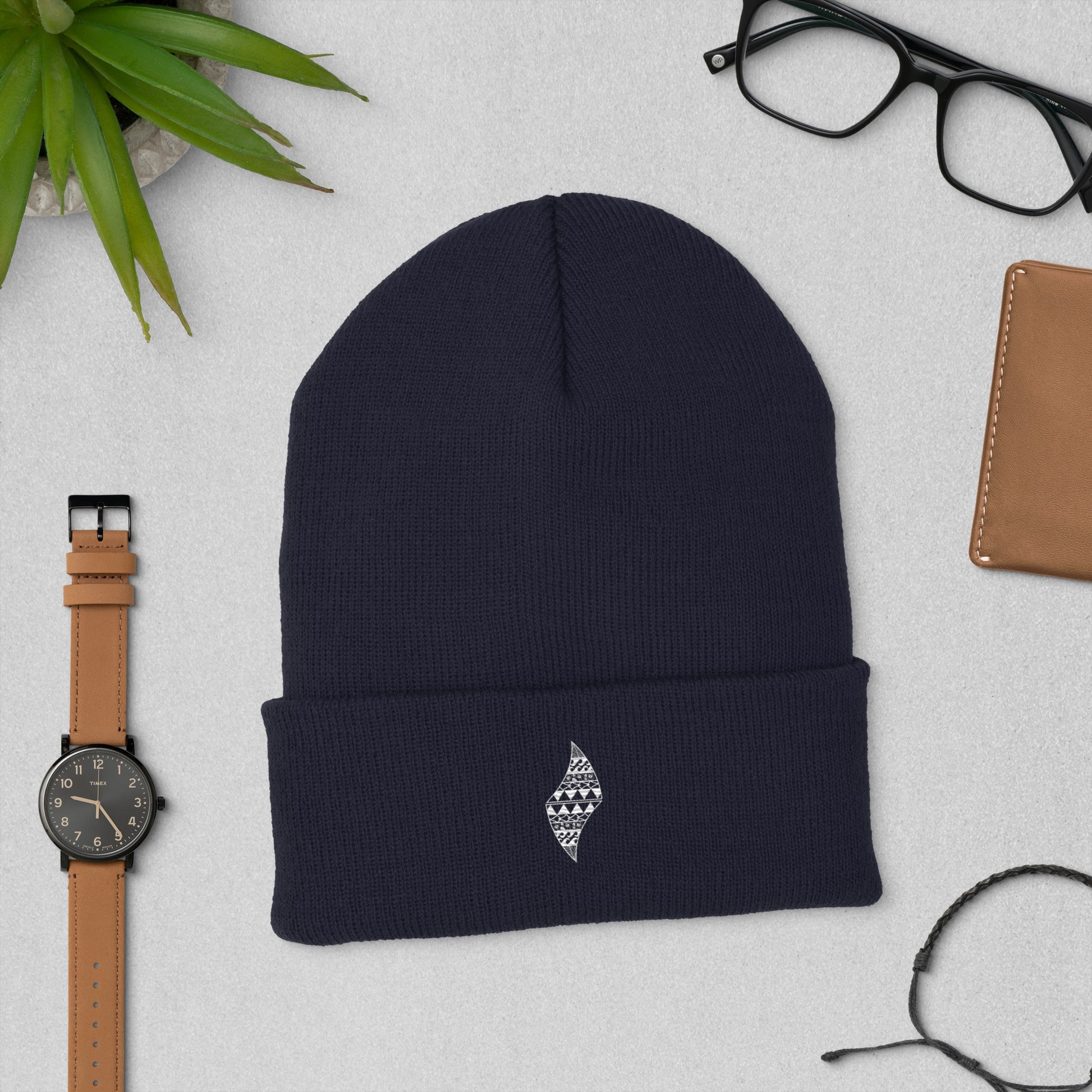 Pa'akai& Kukui Logo (white) Cuffed Beanie Beanie Pa'akai & Kukui Navy