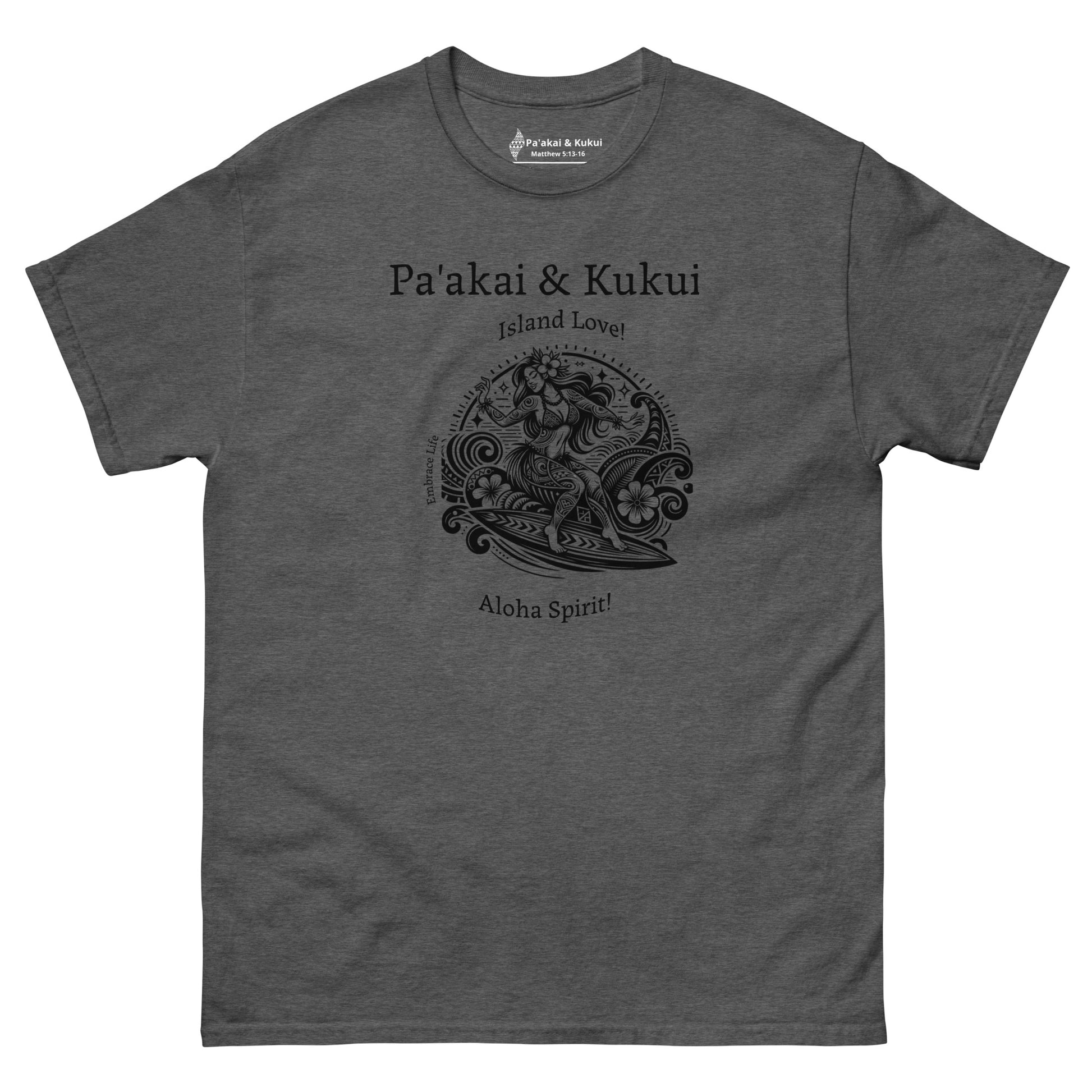 Tribal Surfer Chic Hawaiian T-Shirt — Polynesian Streetwear Graphic Tee T-shirt Pa'akai & Kukui Dark Heather S
