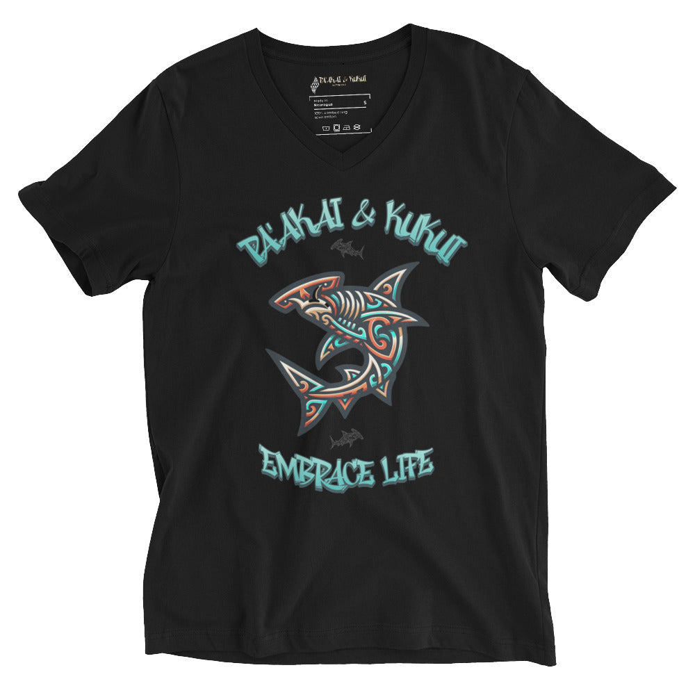 Tribal Shark Short Sleeve V-Neck T-Shirt V-Neck T-shirt Pa'akai & Kukui Black S