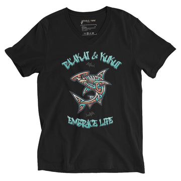 Tribal Shark Short Sleeve V-Neck T-Shirt V-Neck T-shirt Pa'akai & Kukui Black S