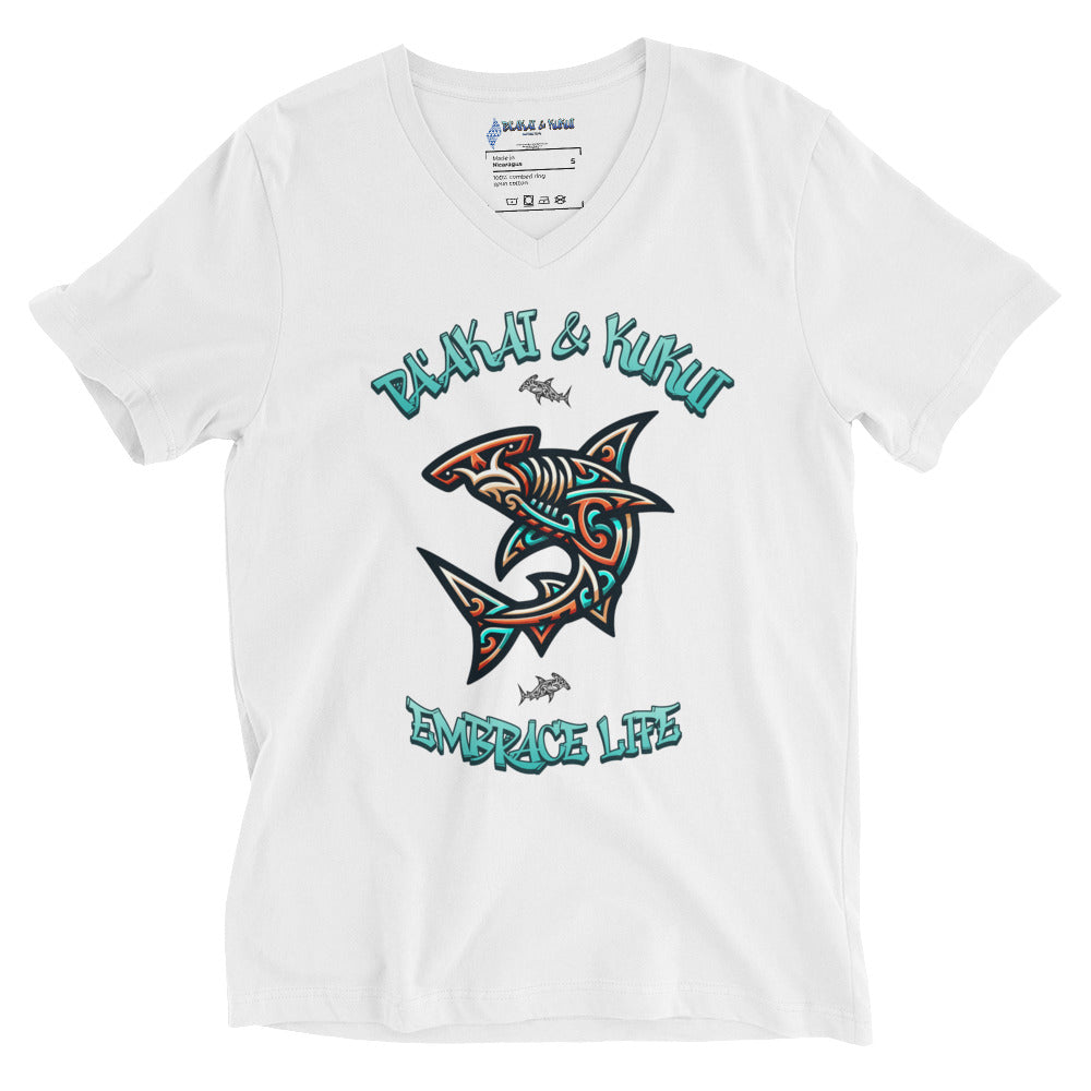 Tribal Shark Short Sleeve V-Neck T-Shirt V-Neck T-shirt Pa'akai & Kukui White S