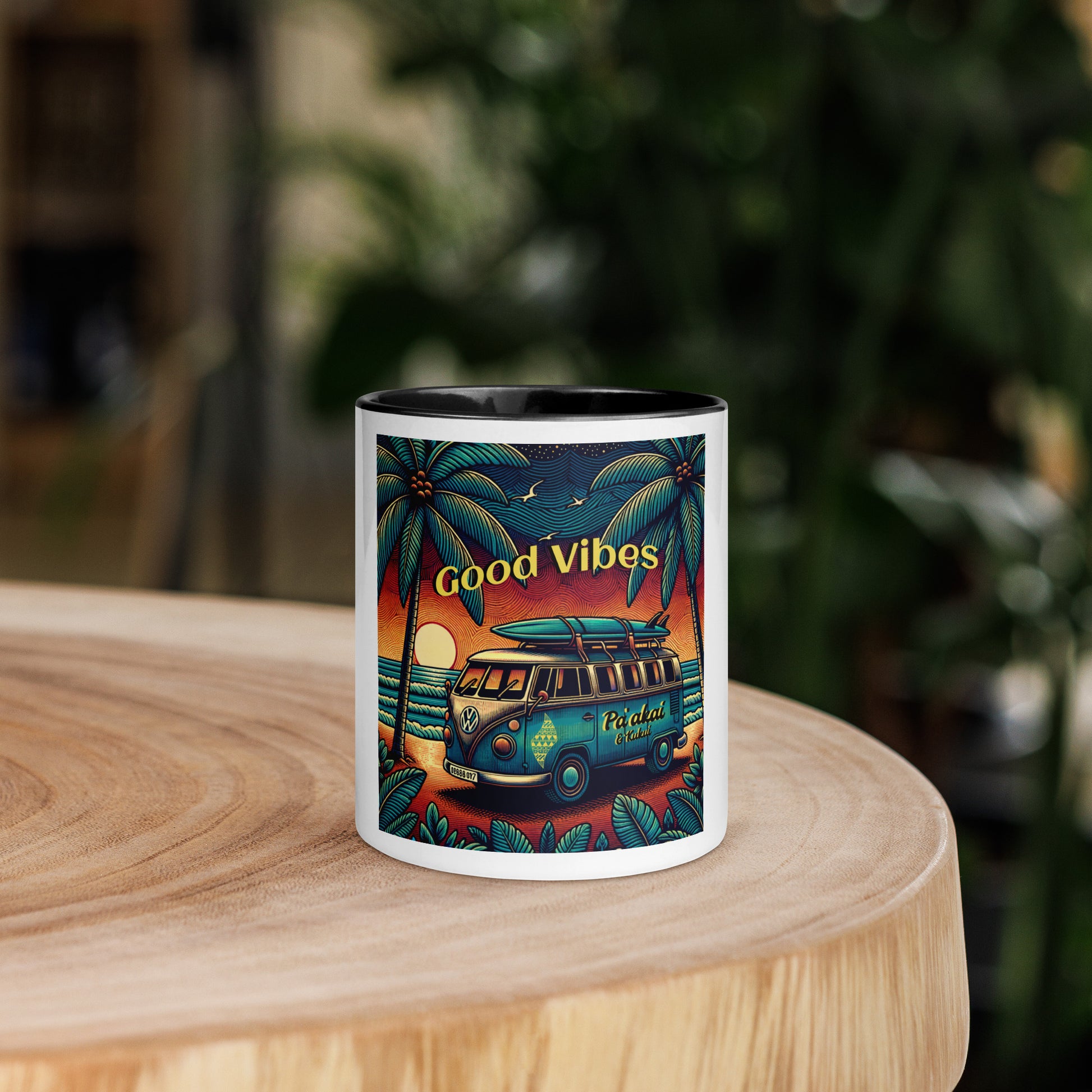 VW Good Vibes Mug with Color Inside Mug Pa'akai & Kukui Black 11 oz