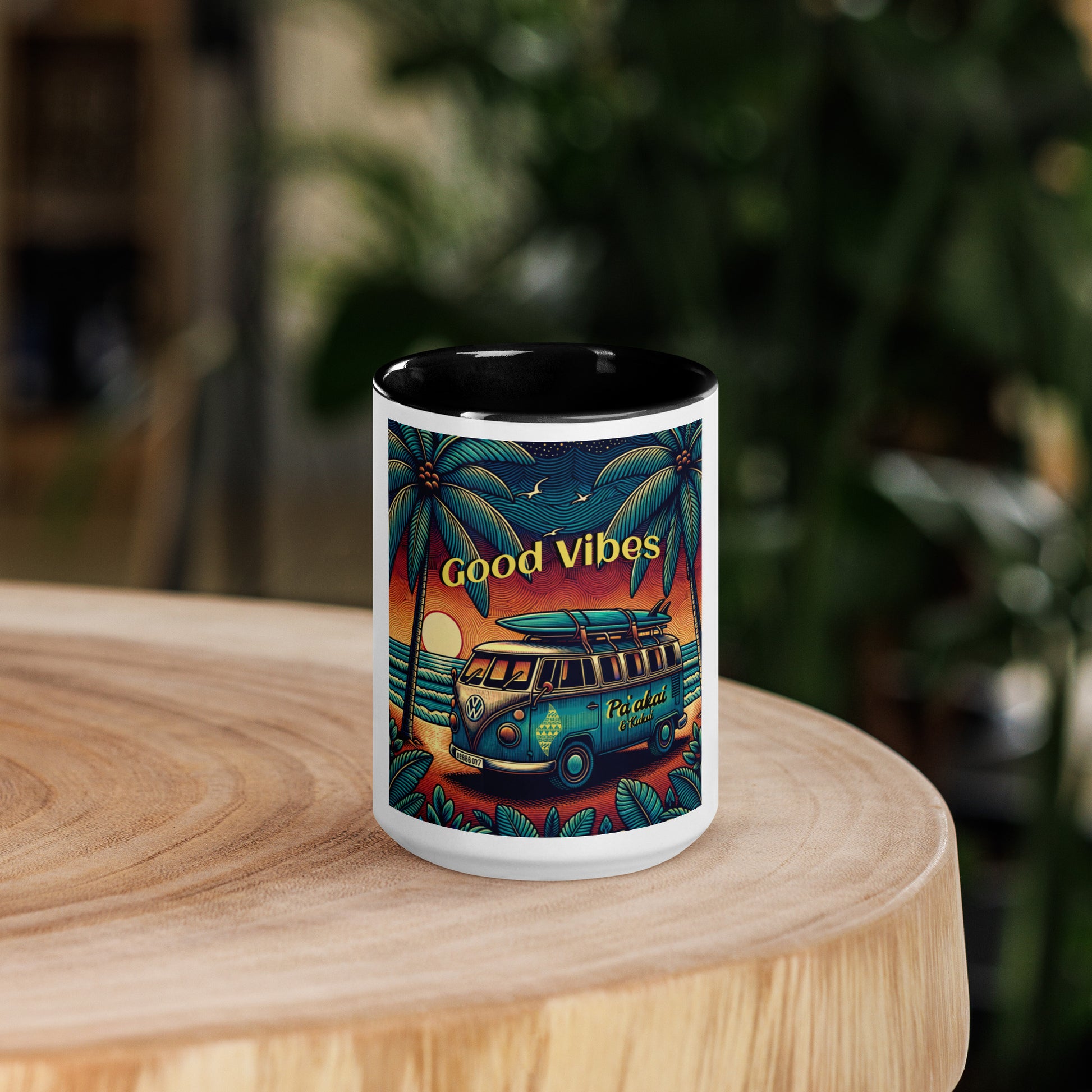 VW Good Vibes Mug with Color Inside Mug Pa'akai & Kukui Black 15 oz