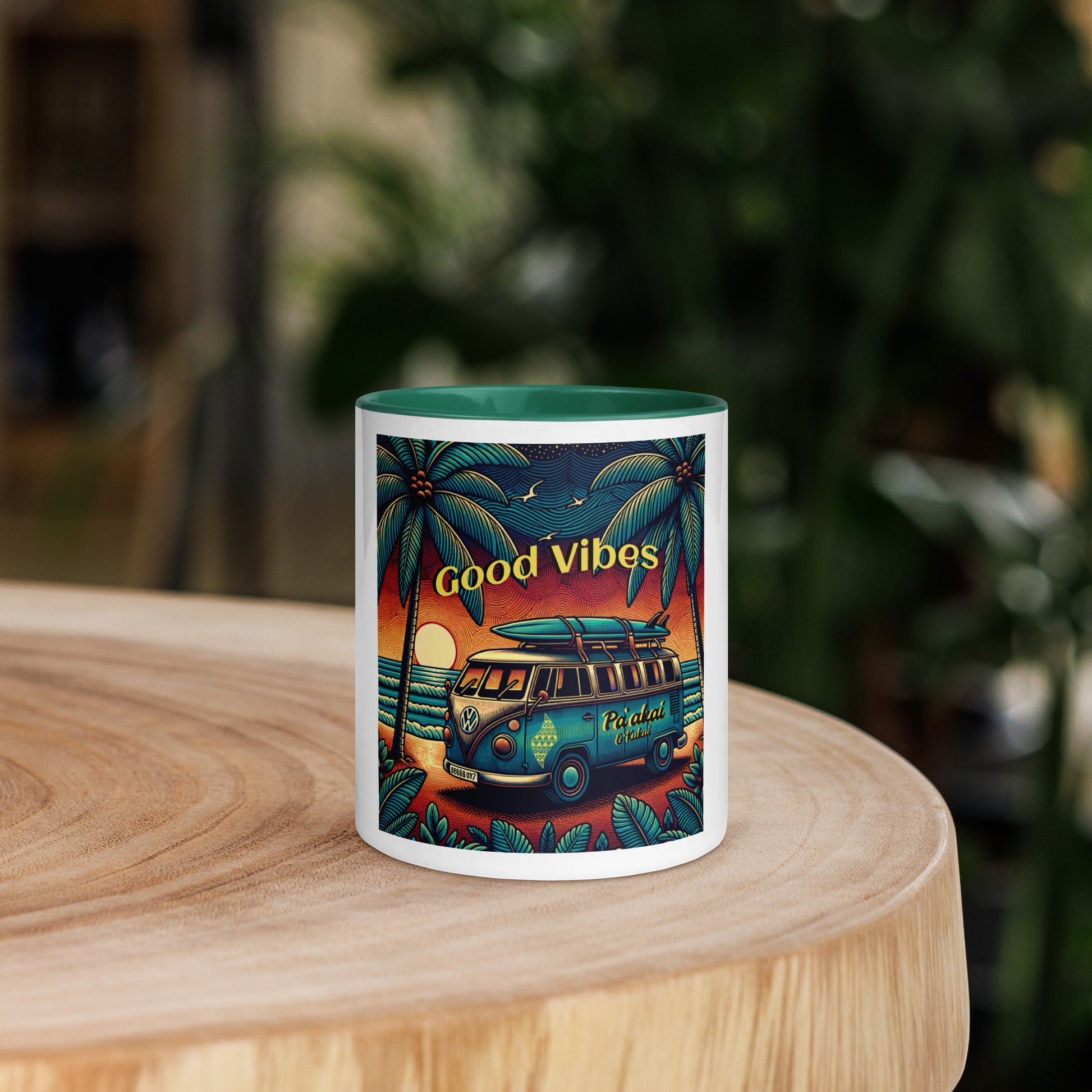 VW Good Vibes Mug with Color Inside Mug Pa'akai & Kukui Dark green 11 oz