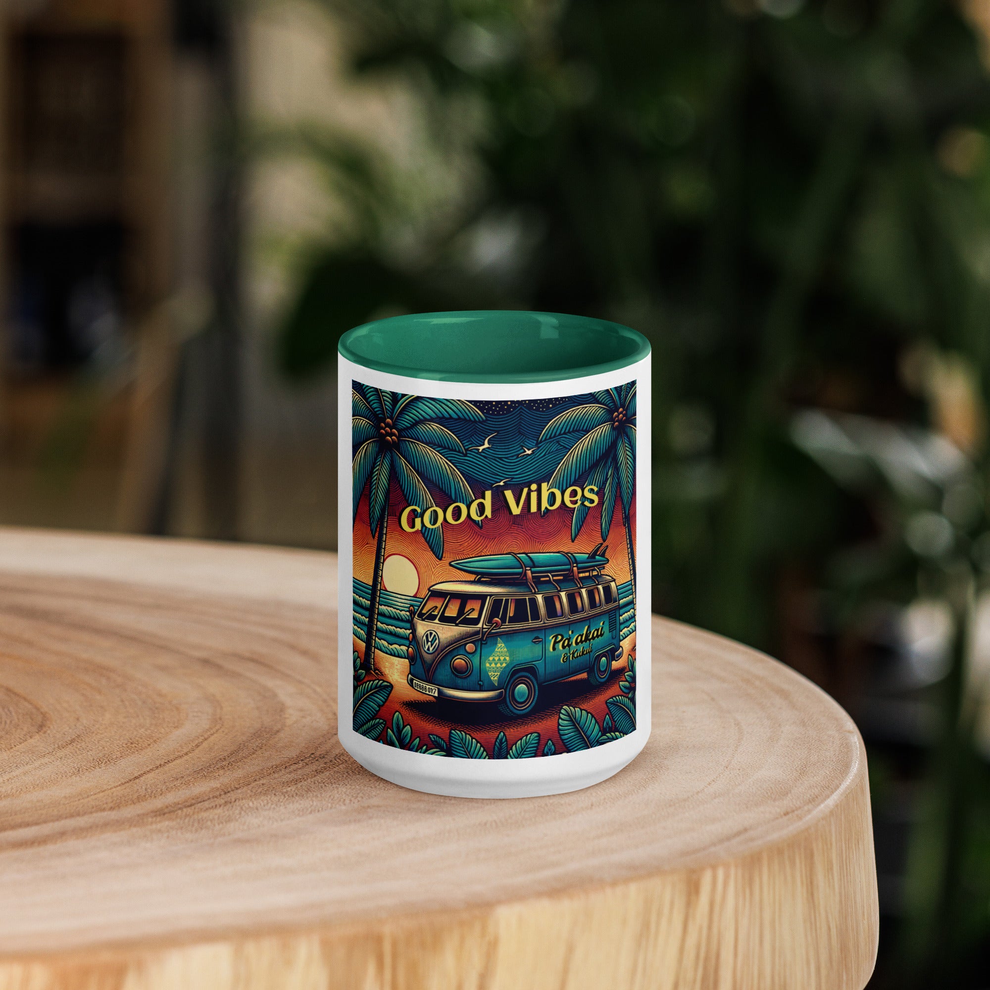 VW Good Vibes Mug with Color Inside Mug Pa'akai & Kukui Dark green 15 oz