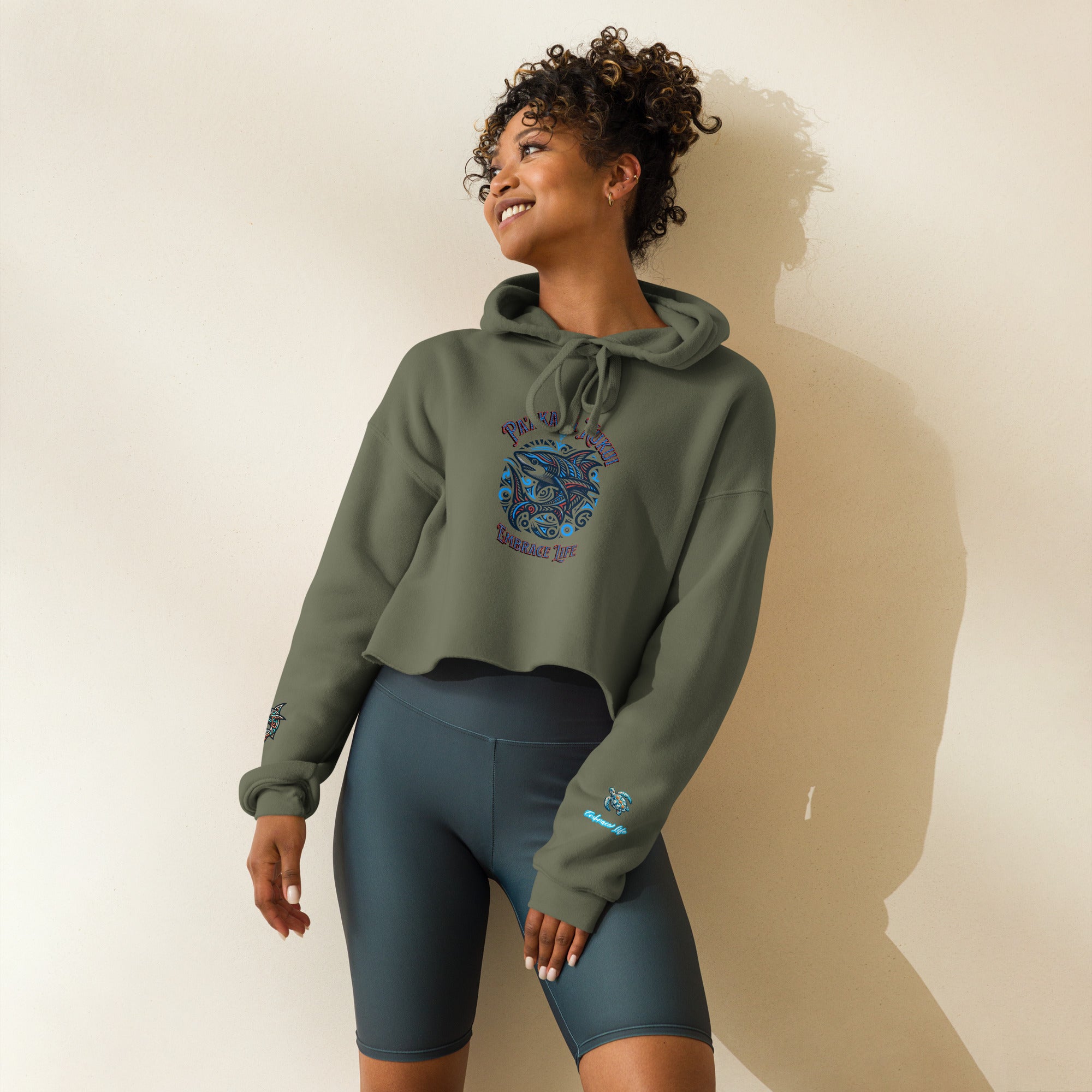 プロップフカ Tribal Shark Hawaiian Crop Hoodie — Polynesian Streetwear Women's