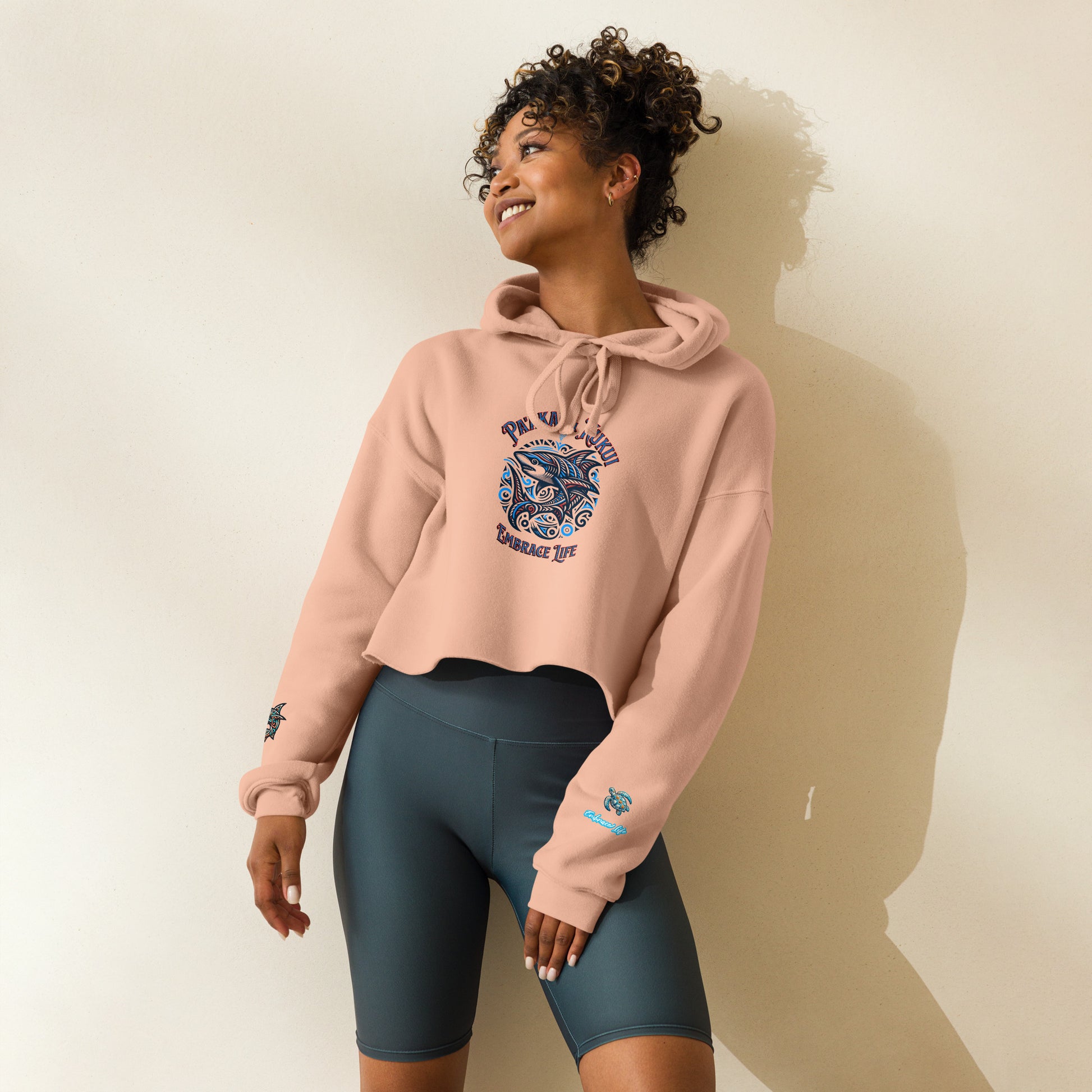 Tribal Shark Crop Hoodie Crop Hoodie Pa'akai & Kukui Peach S