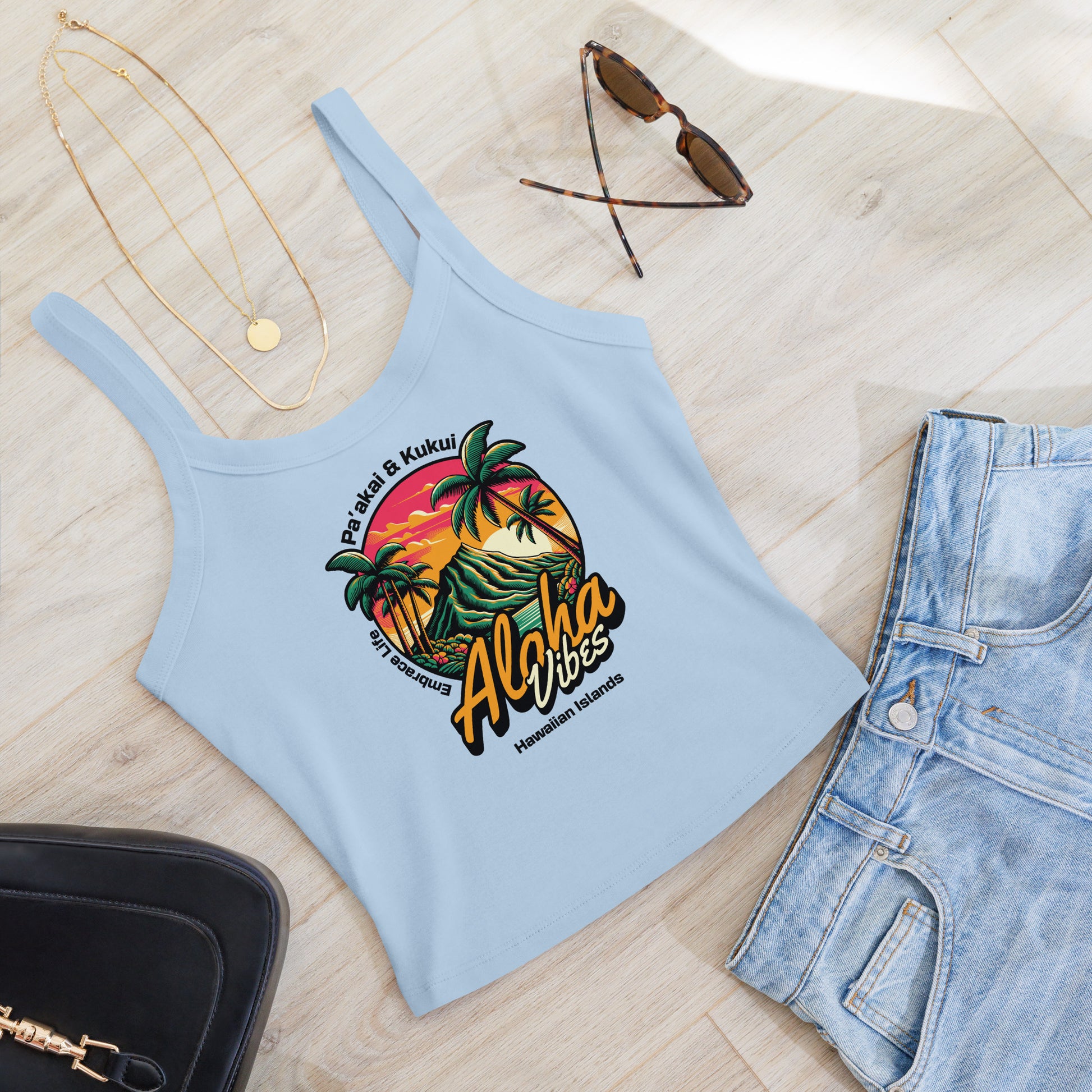 Aloha Vibes - Women’s micro-rib tank top Tank Top Pa'akai & Kukui Solid Baby Blue Blend XS