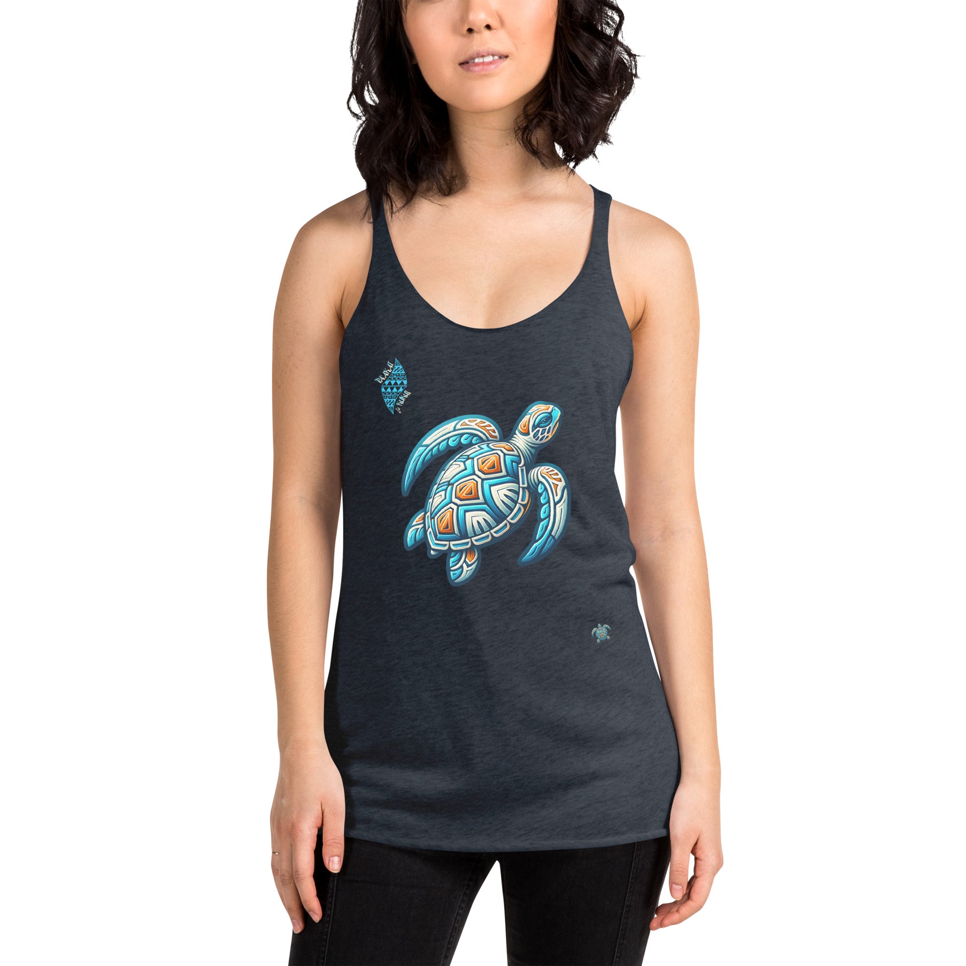 Tribal Sea Turtle Women's Racerback Tank Tank Top Pa'akai & Kukui Vintage Navy XS