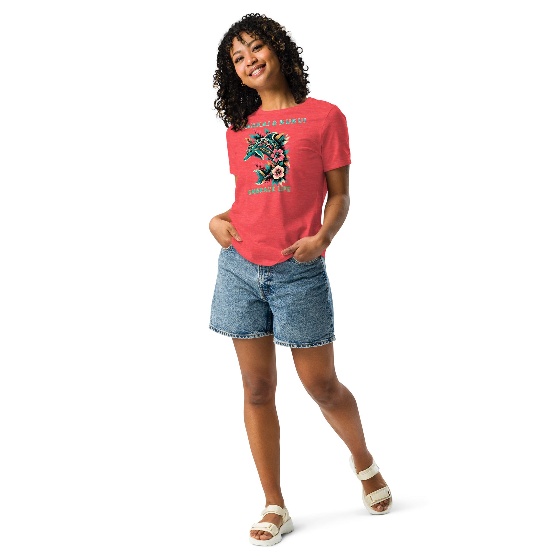 Tribal Naiʻa Women's Hawaiian Relaxed T-Shirt — Polynesian Dolphin Streetwear T-shirt Pa'akai & Kukui