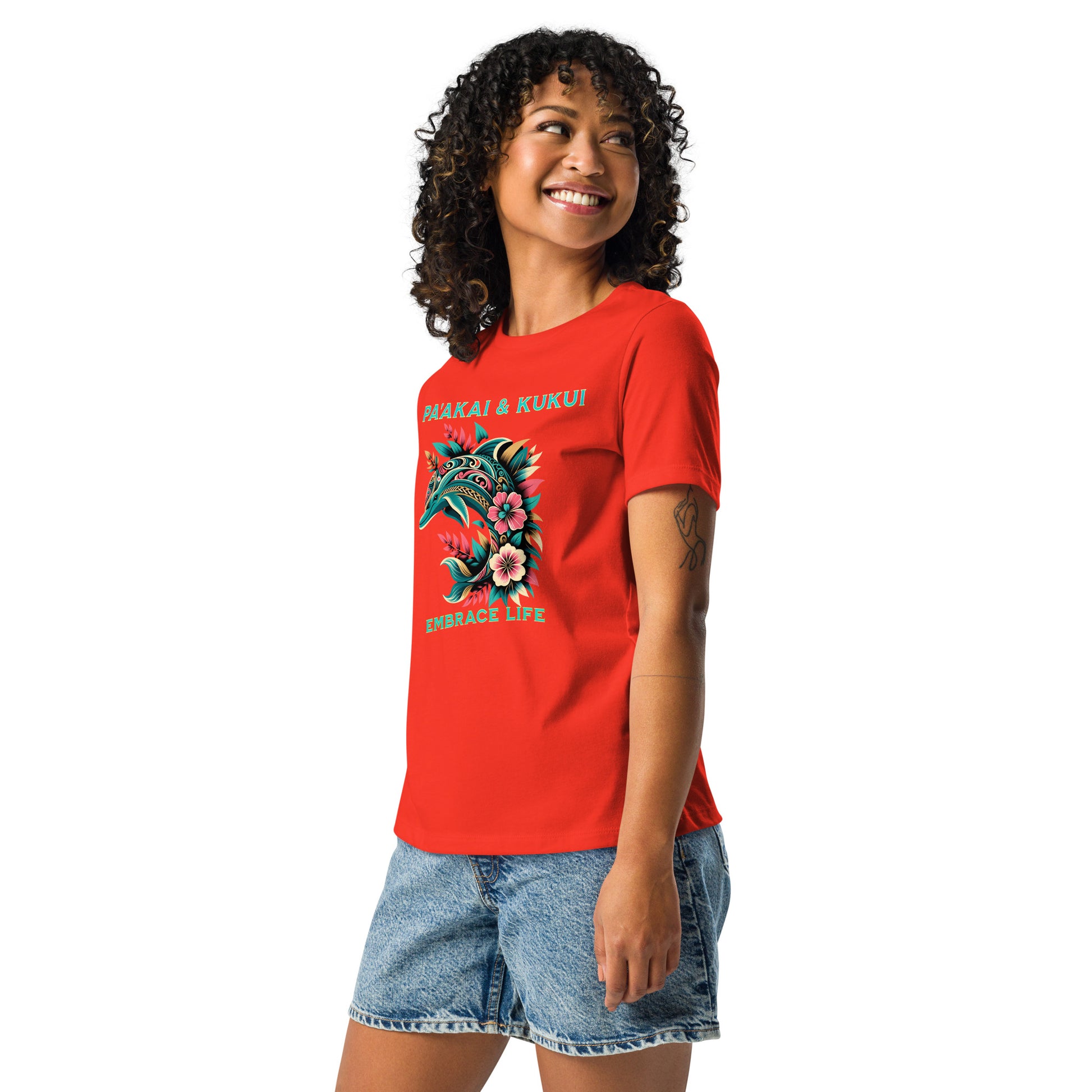 Tribal Naiʻa Women's Hawaiian Relaxed T-Shirt — Polynesian Dolphin Streetwear T-shirt Pa'akai & Kukui