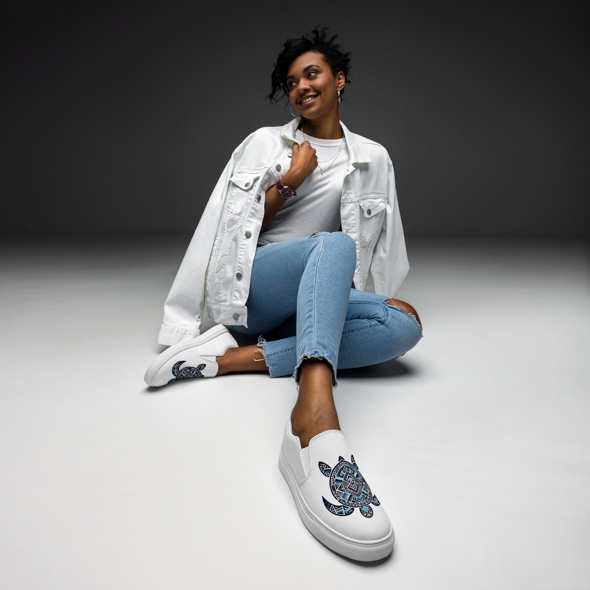 Blue Tribal Sea Turtle - Women’s slip-on canvas shoes Women's Slip on canvas shoes Pa'akai & Kukui
