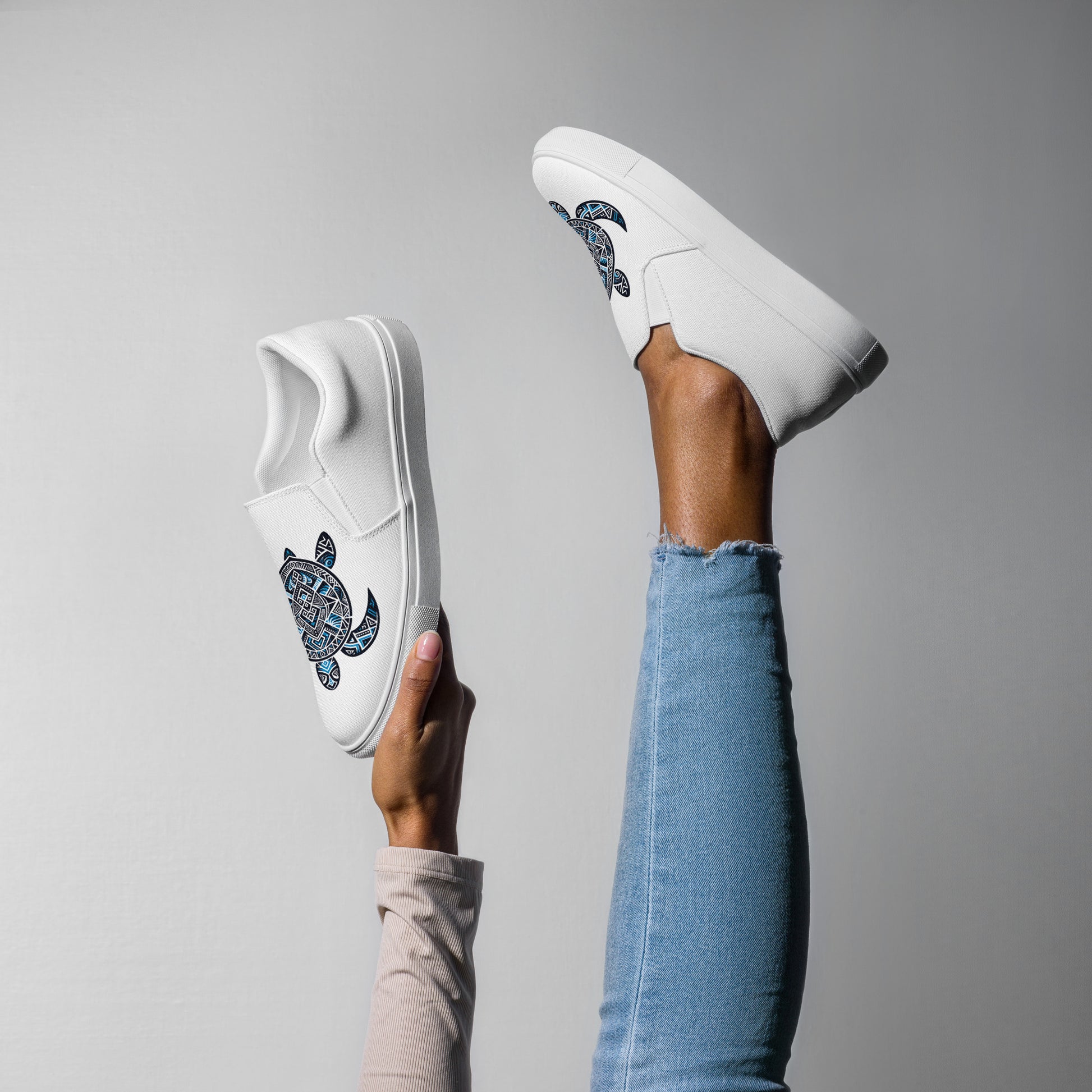 Blue Tribal Sea Turtle - Women’s slip-on canvas shoes Women's Slip on canvas shoes Pa'akai & Kukui